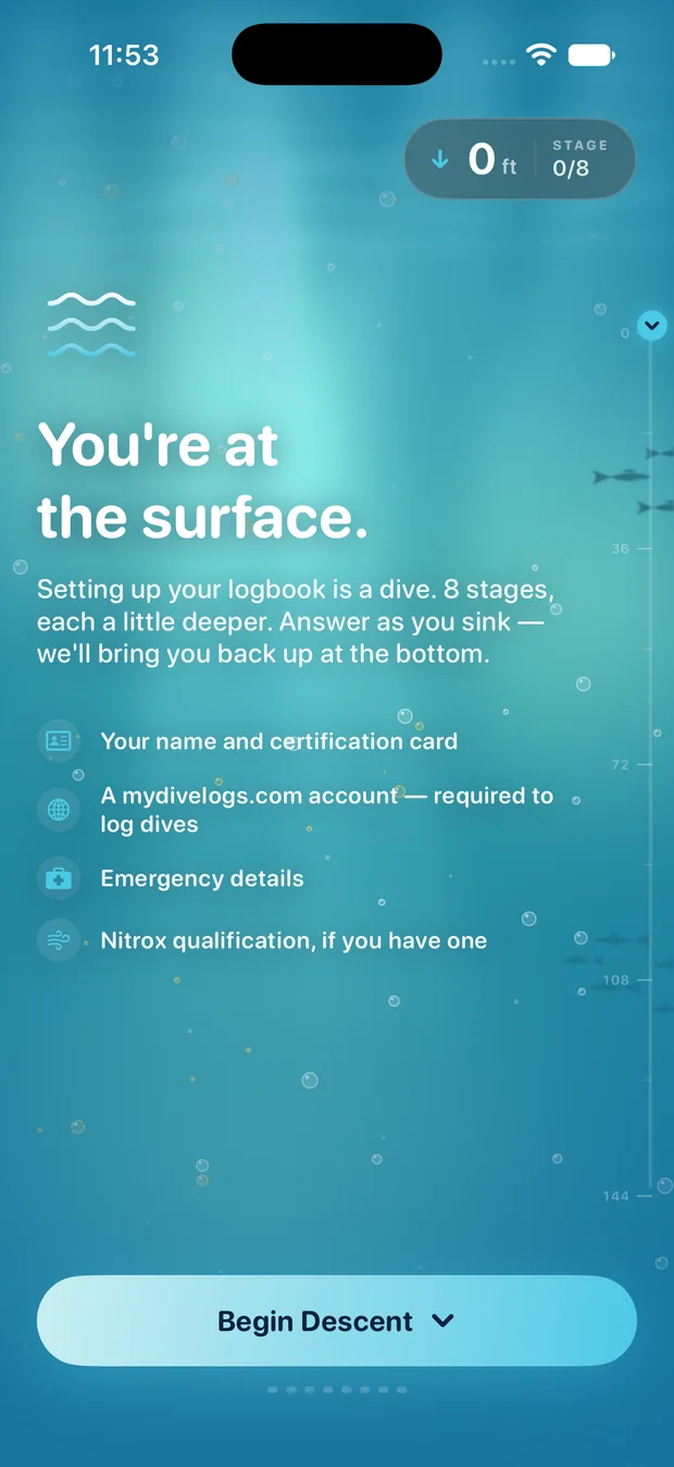 You're at the surface. — screen 1 of 10 of the MyDiveLogs setup