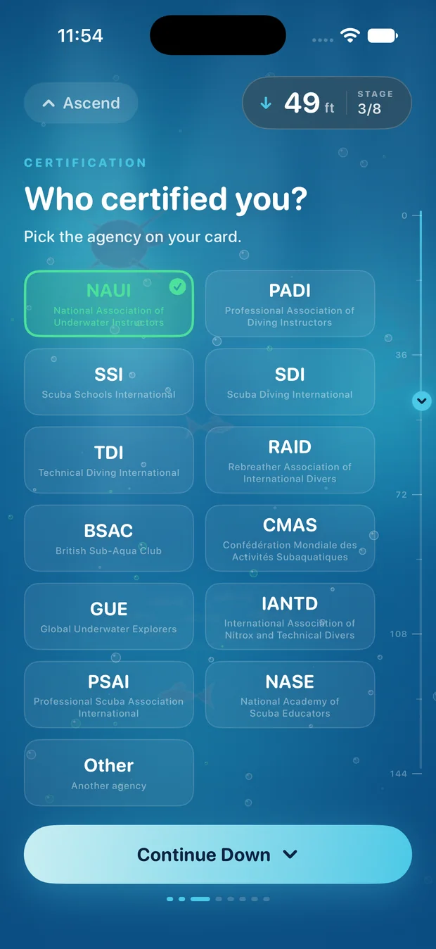 Who certified you? — screen 4 of 10 of the MyDiveLogs setup