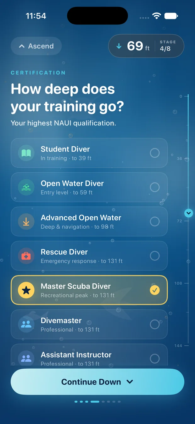 How deep does your training go? — screen 5 of 10 of the MyDiveLogs setup