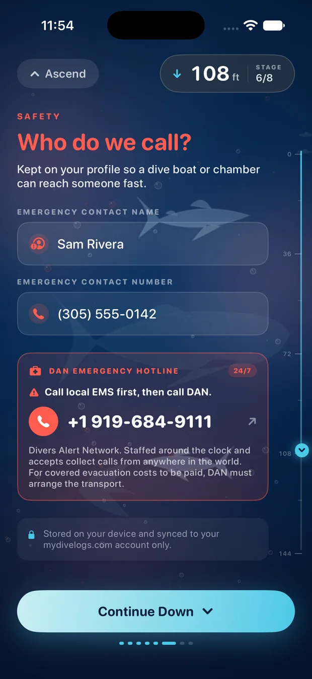 Who do we call? — screen 7 of 10 of the MyDiveLogs setup
