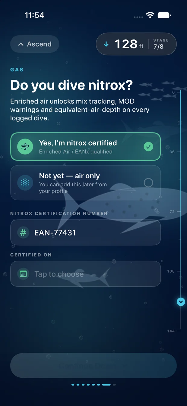 Do you dive nitrox? — screen 8 of 10 of the MyDiveLogs setup