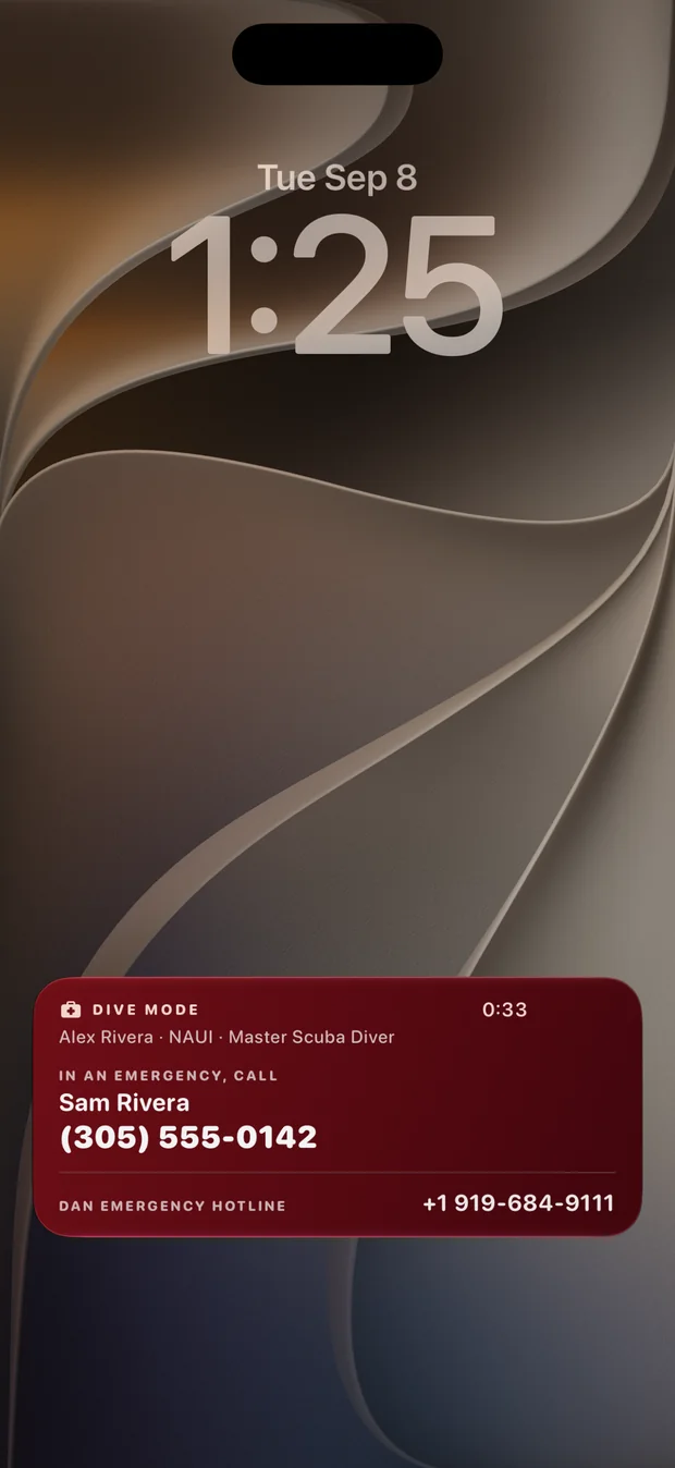Dive Mode — Your emergency details on the lock screen, readable without unlocking the phone.