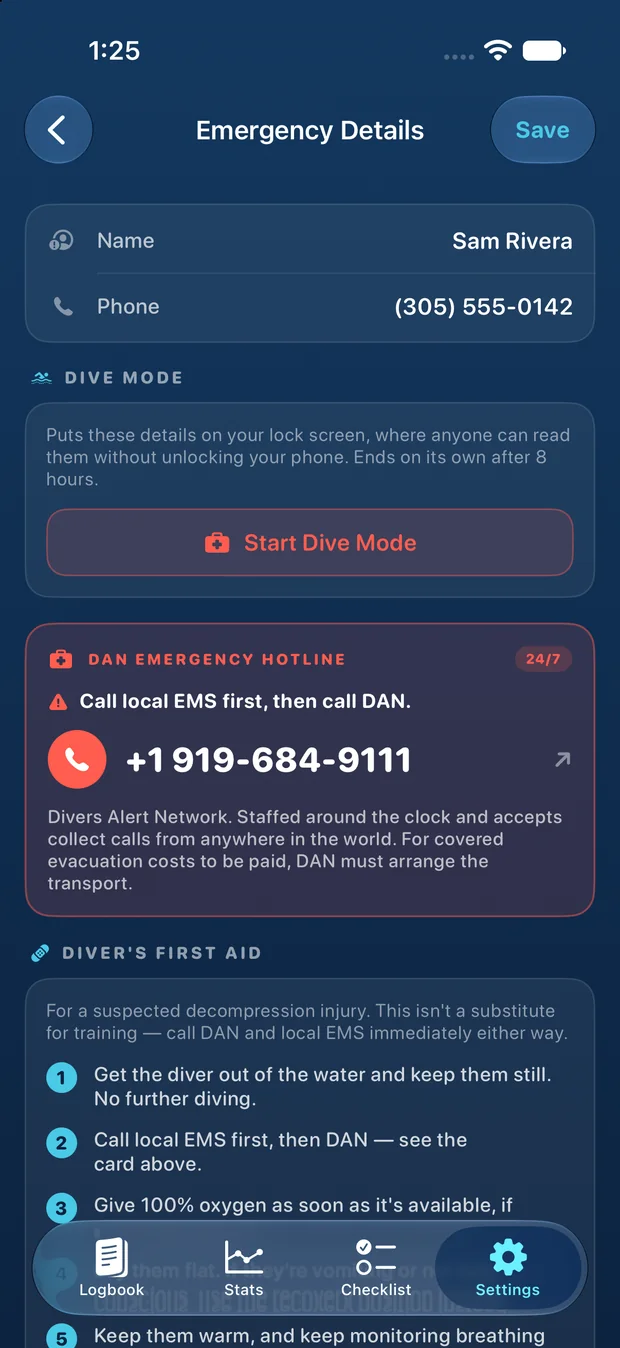 If it goes wrong — The DAN hotline, your contact, and the first-aid steps — offline, on the boat.