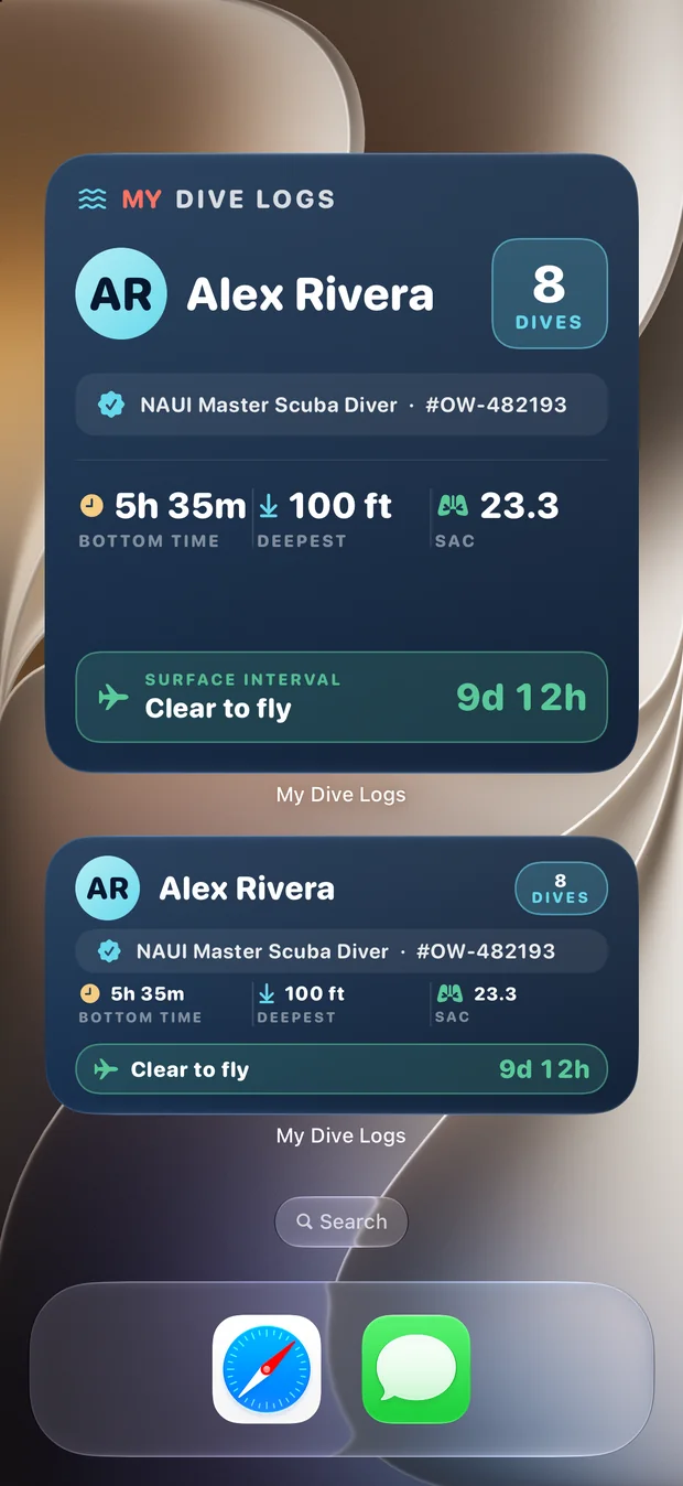 On your home screen — Dive count, deepest, and whether you are clear to fly.